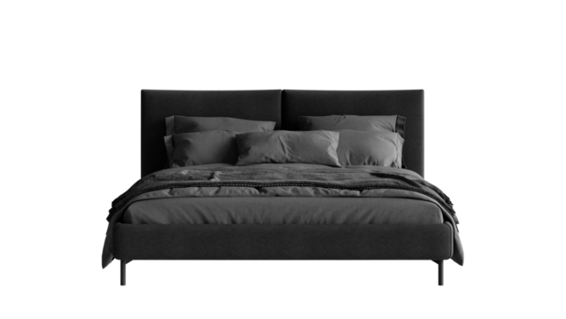Black bed with a black comforter and pillows on a transparent background.