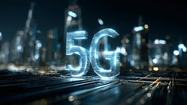 Glowing 5g symbol representing wireless communication technology connecting a smart city with digital data streams and network infrastructure at night - Powered by Adobe