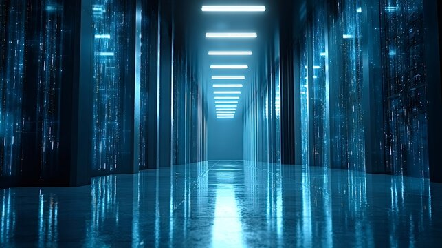 Server room corridor showing illuminated data racks and networking hardware with neon lights reflecting on the polished floor, representing advanced technology and digital information flow