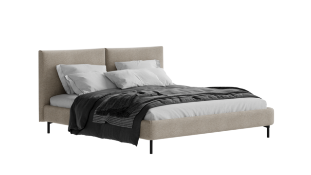 Modern double bed with bedding on an isolated background.