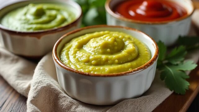 Guacamole avocado green sauce beside mustard yellow and ketchup red in ceramic ramekins, linen napkin
