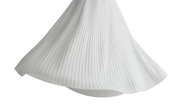 Close-up of a flowing, pleated white fabric, possibly skirt or dress detail, on black background