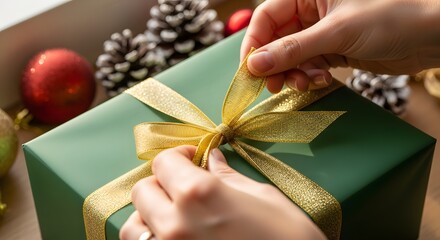 Person tying a gold ribbon on a green gift box with christmas ornaments in the background on a table