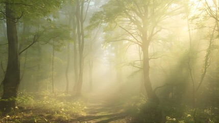 Obraz premium Soft Pastel Fog Forest With Gentle Glow Background