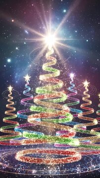 Glittering Spiral Christmas Trees on Starry Night Sky, Vibrant Multicolor Festive Video