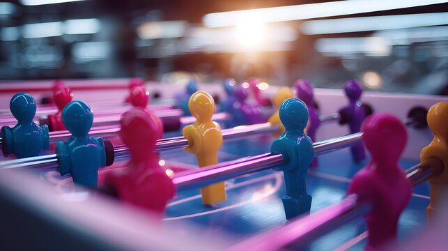 Vibrant foosball table players lined up for a competitive game.
