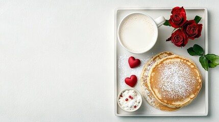 A tray with a stack of pancakes dusted with powdered sugar, a mug of coffee, red heart candies, a small bowl of cottage cheese with berries, and red roses. The