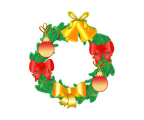 Festive wreath, Christmas, New Year, fir branches, shiny bows, Christmas tree balls, bells, color pattern, transparent background