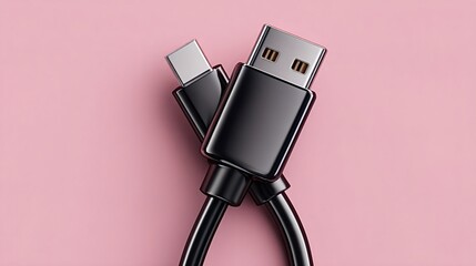 Black usb a and usb c connector cables laying crisscrossed on a plain pink background, illustrating device charging, data transfer, and modern connectivity solutions for various electronics