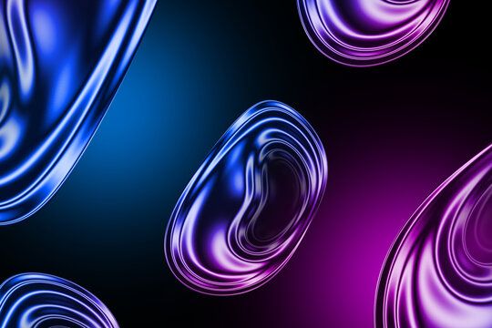 Abstract dynamic background with swirling glass oval shapes vibrant blue and purple neon colors futuristic three dimensional render wallpaper