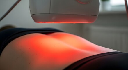 Person receiving red light therapy on their back with a machine emitting red light close up view