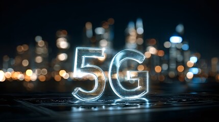 5g text sign symbolizing a fast wireless technology network in a blurred modern smart city night background, representing communication and data transfer