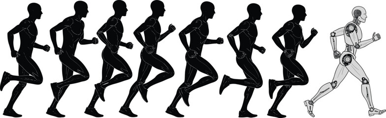 Obraz premium Humanoid Robot Running Progression Alongside Sequential Silhouettes of Male Athlete Demonstrating Motion and Future of Technology and Fitness