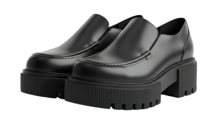 Pair of glossy black platform loafers, showcasing design details and texture against black