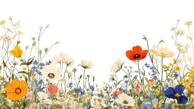 Diverse collection of colorful wild blossoms border a bright white background space