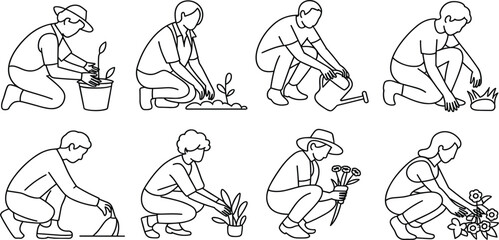 Gardening people line art vector set, collection of figures planting, watering, and tending flowers, simple illustration for agriculture, hobby, and nature concepts