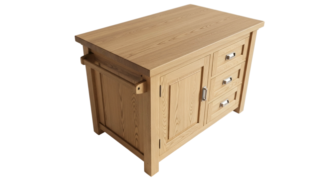 Wooden kitchen island cabinet with drawers and door on a black background, top view