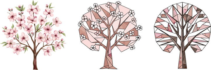 Elegant cherry blossom tree illustrations in watercolor, geometric low poly, and abstract style for spring design artwork inspiration