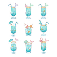 A delightful collection of refreshing blue cocktails adorned with whimsical mermaid tails and ocean-inspired decorations, perfect for enchanting summer parties and tropical beach escapes