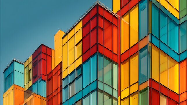 Vibrant Modern Architecture with Colorful Glass Facade Against Blue Sky. - Powered by Adobe