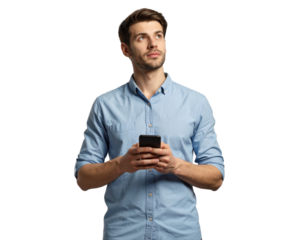 Untitled design - Handsome Man Texting on Smartphone While Thinking, Front View, Isolated PNG (3)