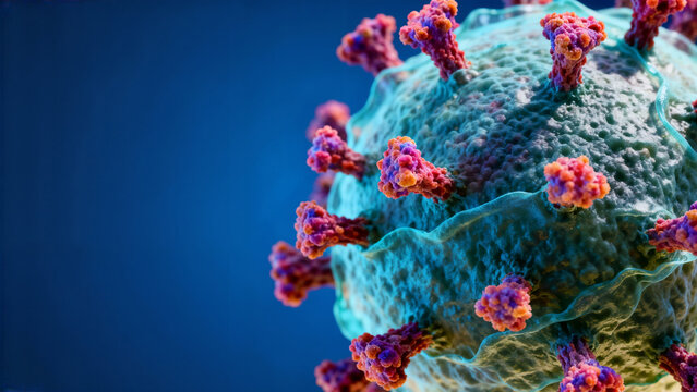 Extreme Close-Up 3D Render of a Detailed Coronavirus or Respiratory Virus Particle on a Blue Background