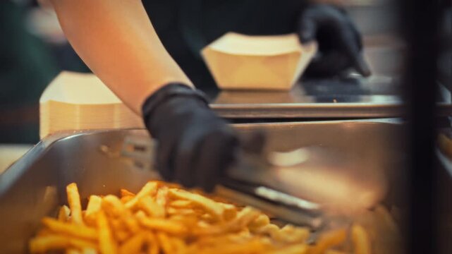 In a bustling kitchen, a chef wearing gloves uses metal tongs to serve golden French fries into eco-friendly paper containers, ensuring a fresh and sustainable dining experience