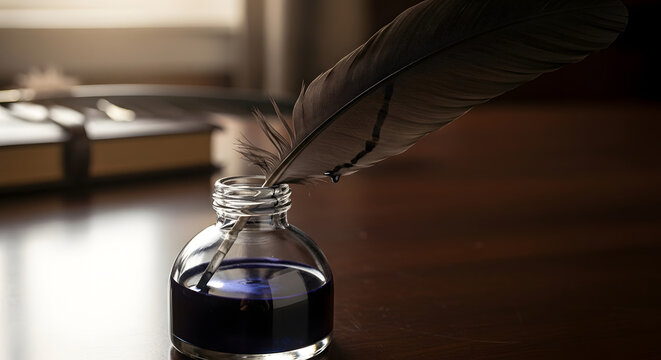 "Ink bottle with quill feather and ink droplet, vintage writing set"