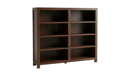 A dark wooden bookcase with multiple shelves, neatly arranged