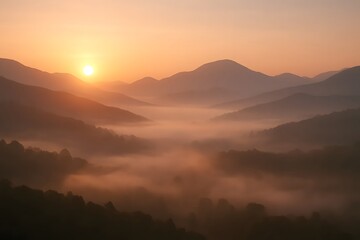 Obraz premium Golden Misty Mountain Sunrise for Travel Branding & Wellness Use