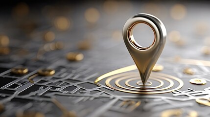 Golden metallic location pin marking a destination on an elegant, abstract digital map, symbolizing modern navigation, travel, and finding specific places with advanced technology