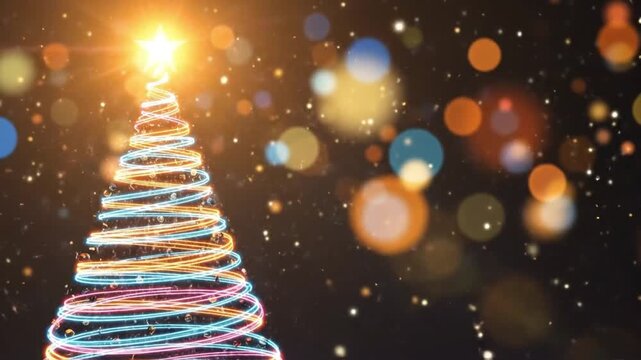Vivid Neon Spiral Christmas Tree with Glowing Multicolor Lights on Dark Background