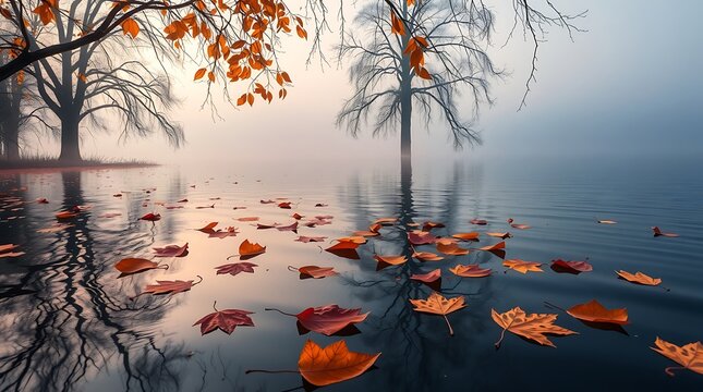 Golden autumn leaves gently floating on the reflective surface of a misty lake