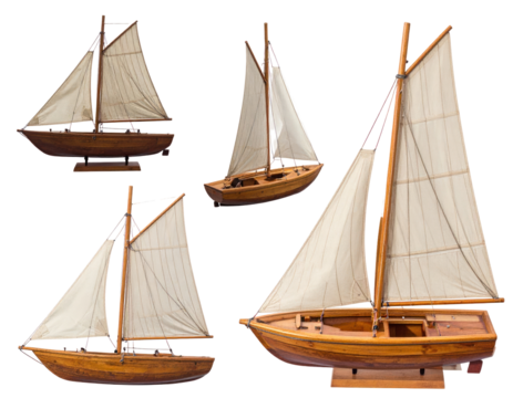 Isolated Wooden Sailboats Collection on Transparent Background Showcasing Marine Transportation And Nautical Themes