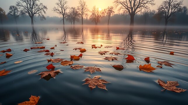 Golden light illuminates fallen autumn leaves gently drifting on the tranquil water surface