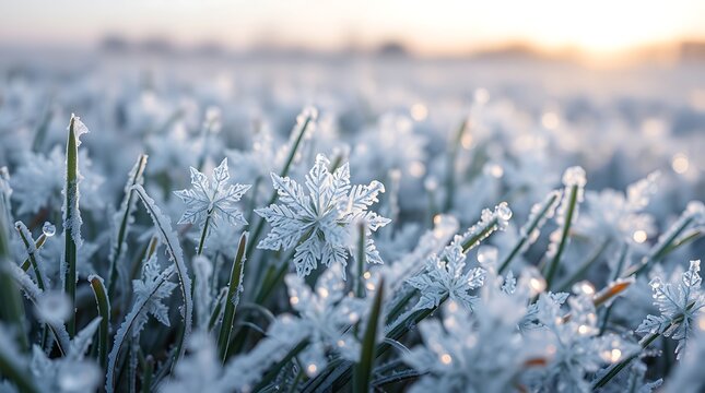 Closeup of delicate frost crystals covering green grass blades during a cold winter morning - Powered by Adobe