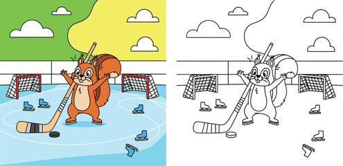 Cute cartoon squirrel playing ice hockey coloring book page with colored example vector illustration