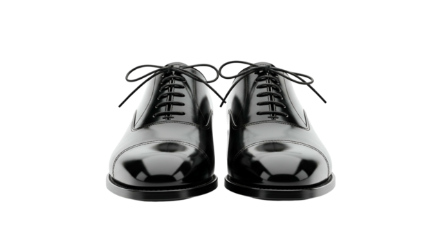 A pair of polished black leather dress shoes against a stark black background
