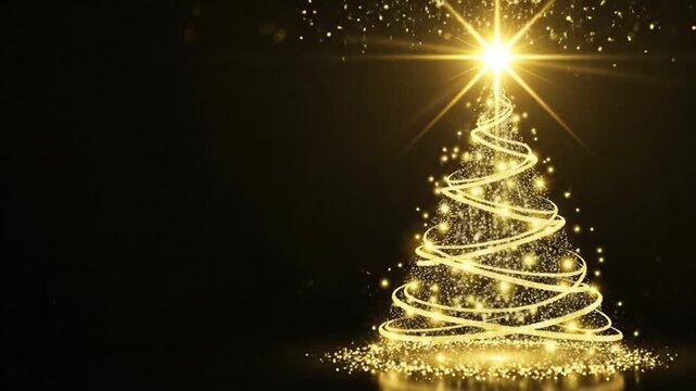 Golden Glitter Christmas Tree on Black Background, Elegant Spiral Holiday Design