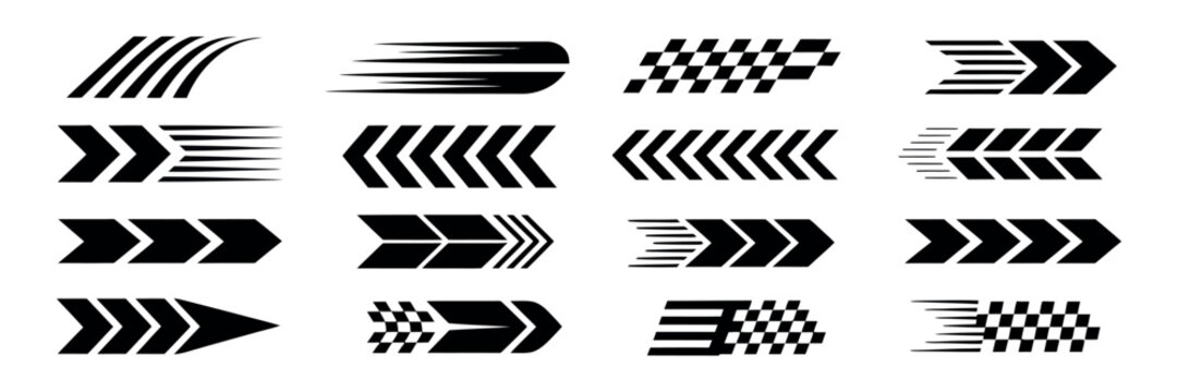Racing car stripes with angled checkered patterns, dynamic speed lines, and motorsport decals for vehicle design