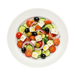Overhead View Of Freshly Prepared Greek Salad On A White Plate Against A Transparent Background