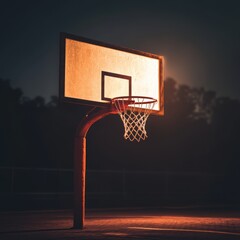 A cinematic view of a basketball hoop and backboard with warm, moody lighting creating a dramatic athletic atmosphere.