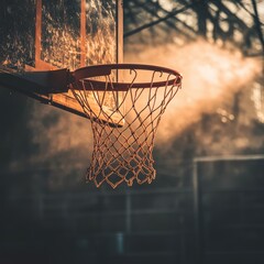 A cinematic view of a basketball hoop and backboard with warm, moody lighting creating a dramatic athletic atmosphere.