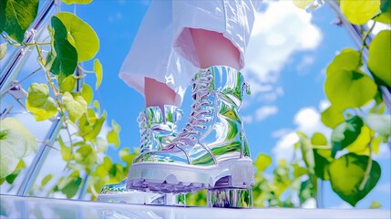 Close-up of shiny, reflective silver combat boots with thick soles, worn by a person in white pants, positioned outdoors amidst lush green foliage and a bright