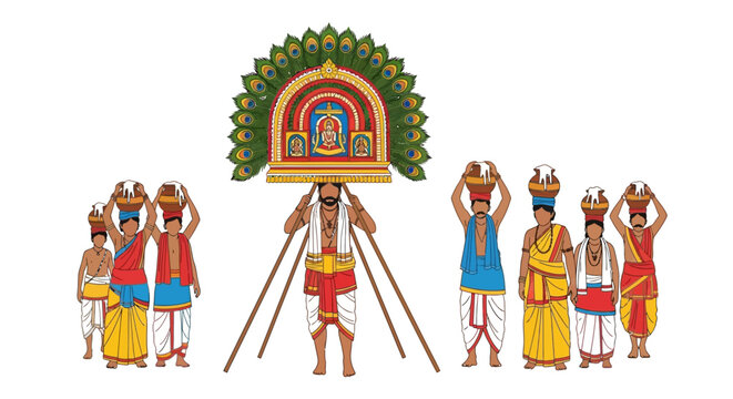 Colorful Procession with Kavadis and Pots A Hindu Religious Celebration