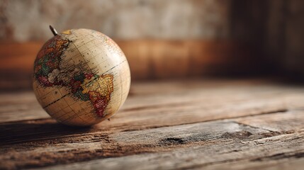 Fototapeta premium Vintage world globe resting on a rustic wooden plank floor with a warm nostalgic feel.