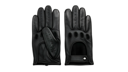 Two black leather driving gloves, palm up and palm down, with finger holes and perforations