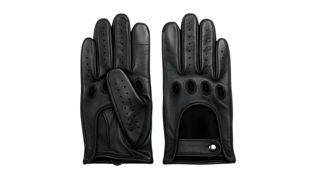 Two black leather driving gloves, palm up and palm down, with finger holes and perforations