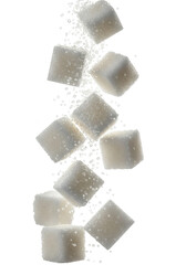 Falling Sugar Cubes Against Transparent Background Macro Shot of Sweet White Food Dessert Ingredient