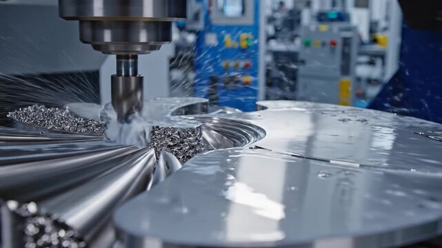 A close-up of a metal machining process, a drill bit carves into shiny metal, creating swirls